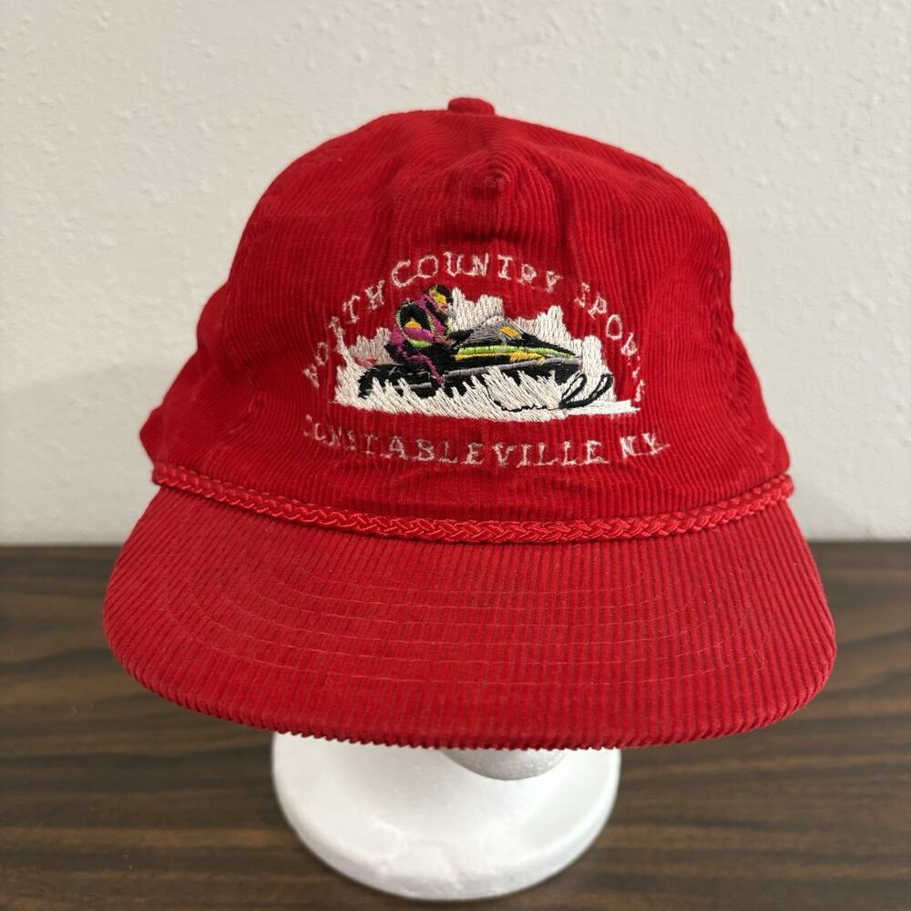 Vintage North Country Sports Snowmobile Red Corduroy Hat Cap‎ Rope Trucker NY